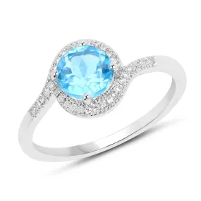 1.09 Carat Genuine Swiss Blue Topaz and White Diamond 14K White Gold Ring