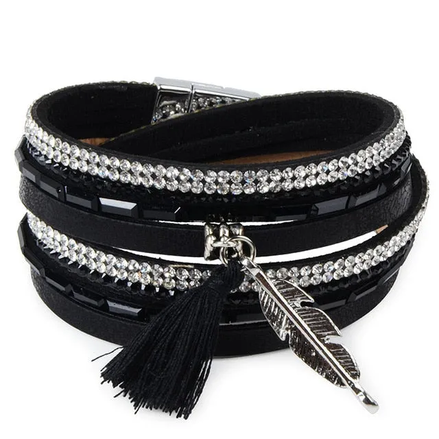 12Styles Multilayer Leather Tassel Bracelet Bohemian Feather Tree Charms Magnetic Velvet Bracelet Boho Women Men Jewelry