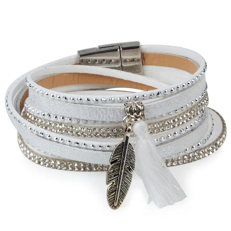 12Styles Multilayer Leather Tassel Bracelet Bohemian Feather Tree Charms Magnetic Velvet Bracelet Boho Women Men Jewelry