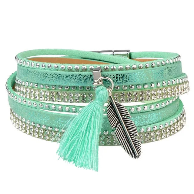 12Styles Multilayer Leather Tassel Bracelet Bohemian Feather Tree Charms Magnetic Velvet Bracelet Boho Women Men Jewelry