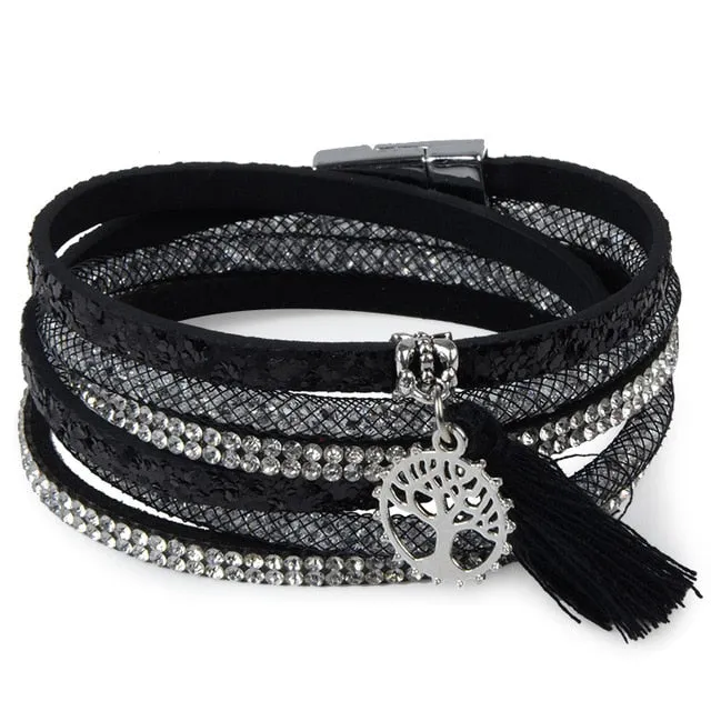 12Styles Multilayer Leather Tassel Bracelet Bohemian Feather Tree Charms Magnetic Velvet Bracelet Boho Women Men Jewelry