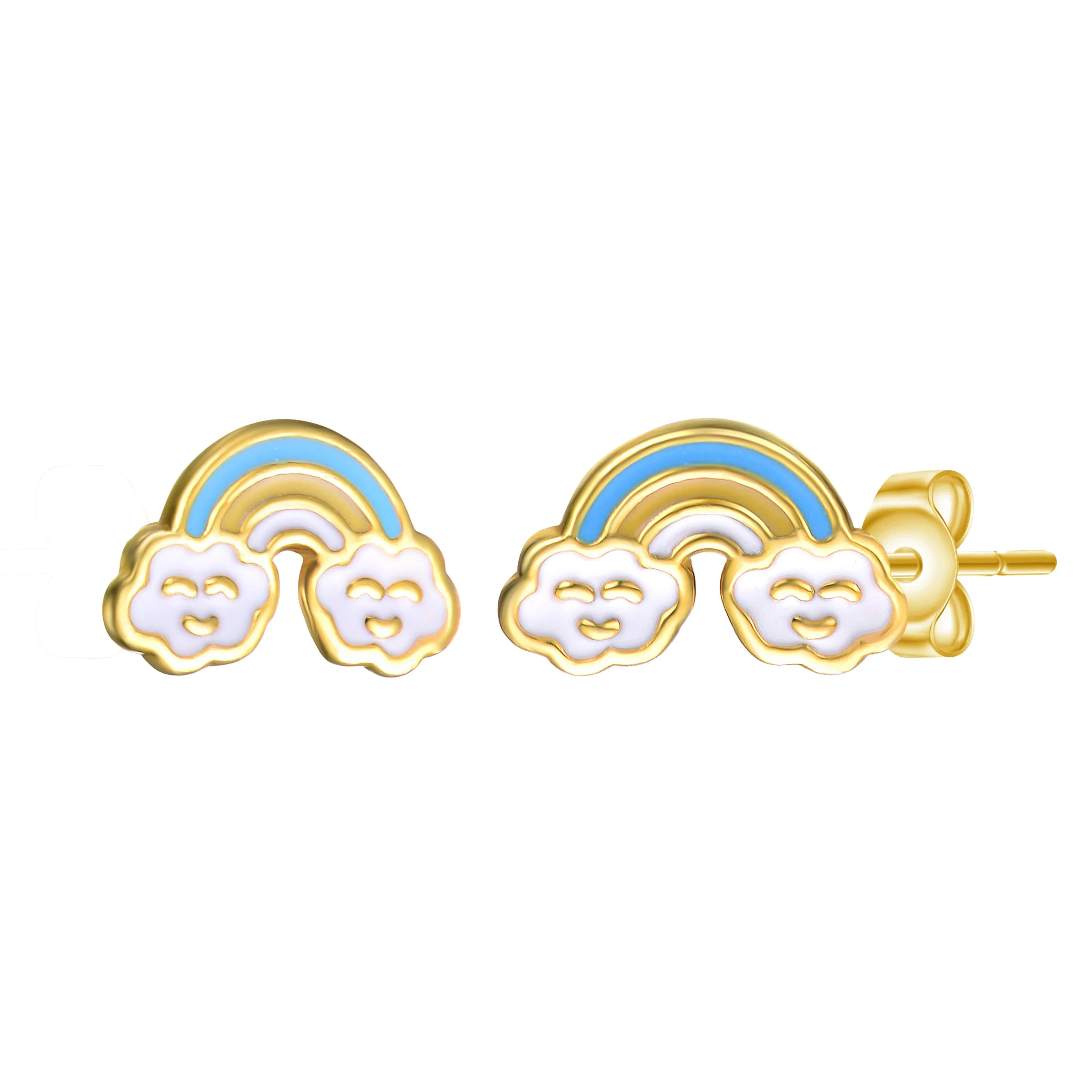 14k Gold Plated Colorful Rainbow Enamel & Friendly Cloud Stud Earrings