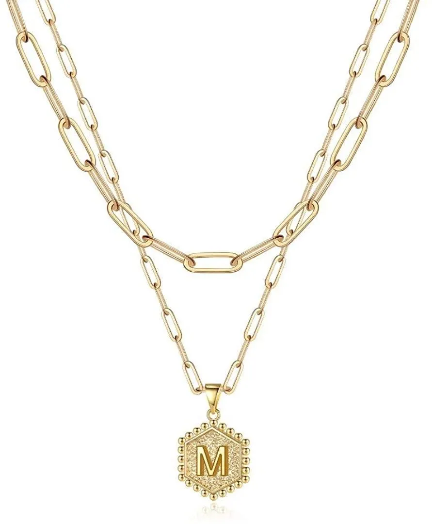 14K Gold Plated Paperclip Chain Necklace Simple Cute Hexagon Letter Pendant Initial Choker Necklace