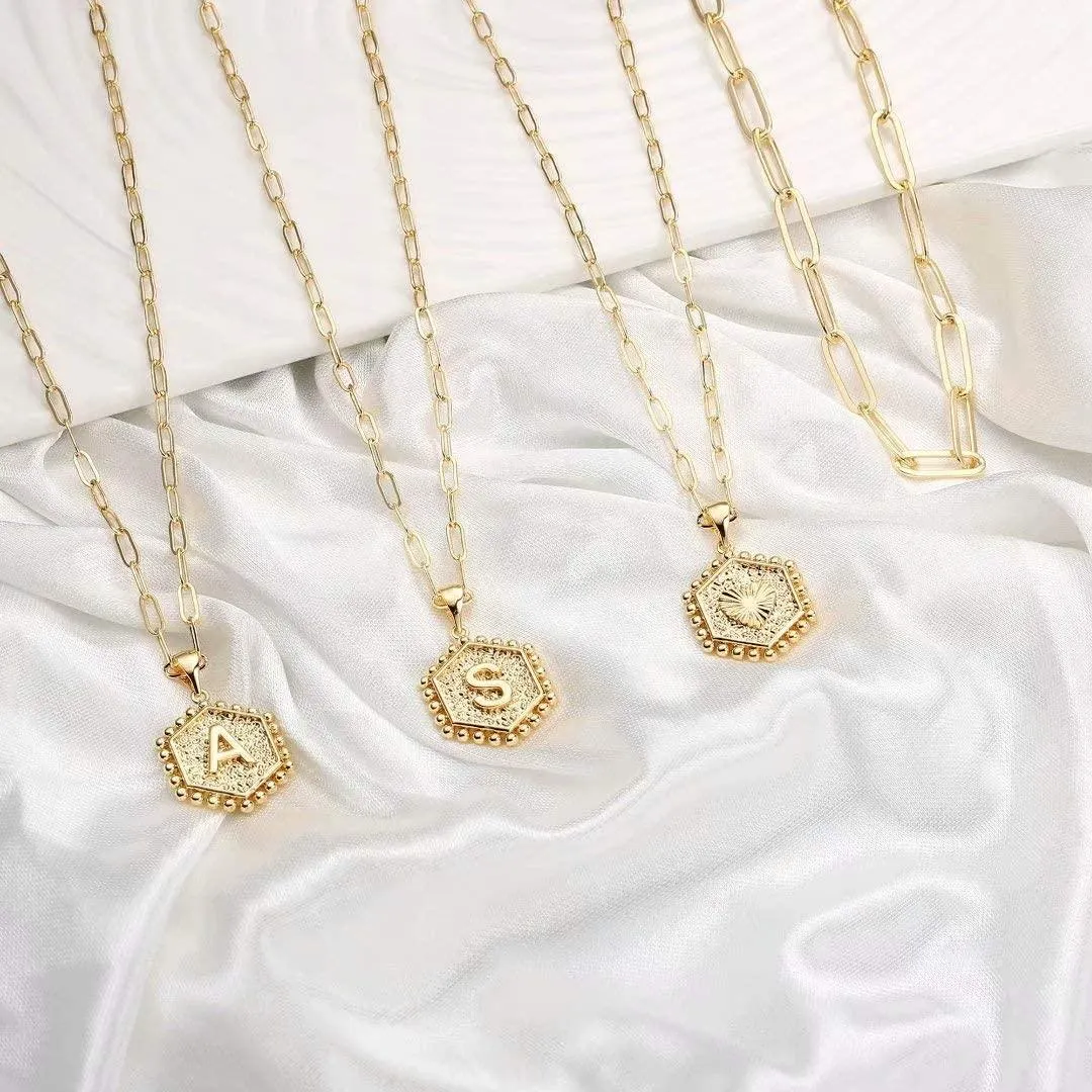14K Gold Plated Paperclip Chain Necklace Simple Cute Hexagon Letter Pendant Initial Choker Necklace