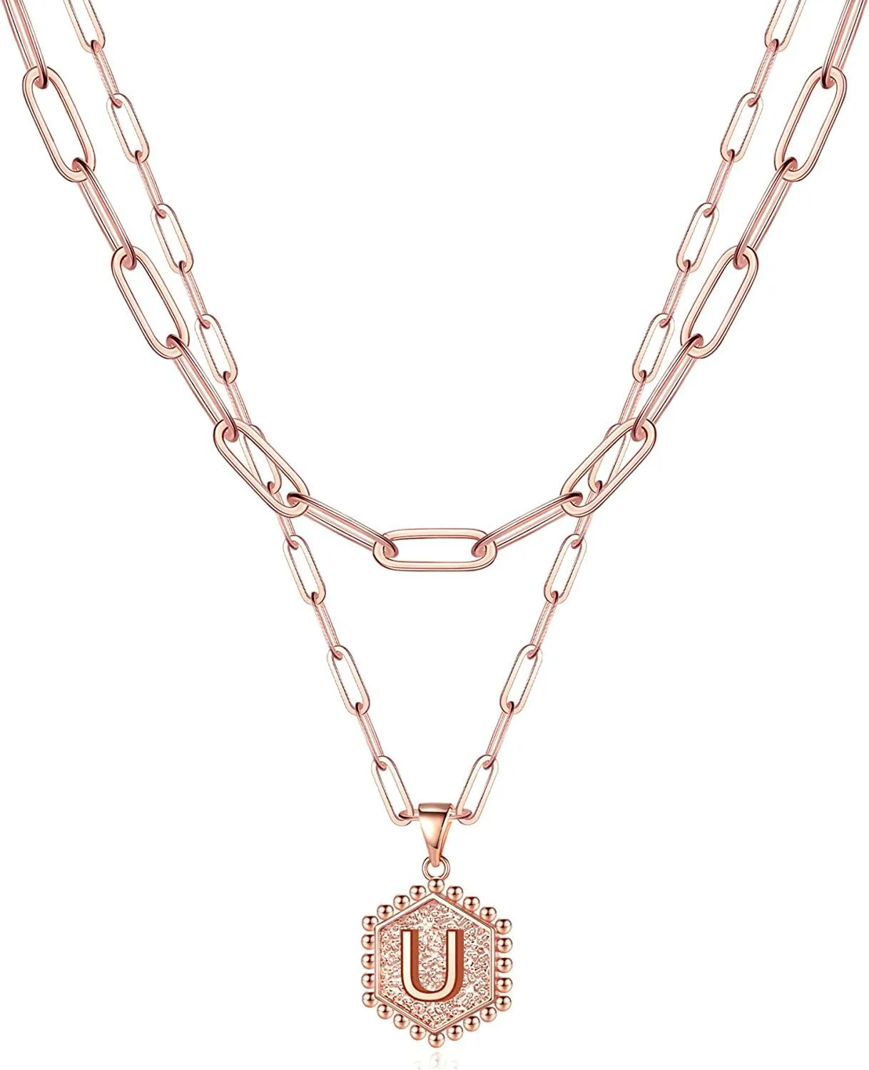 14K Gold Plated Paperclip Chain Necklace Simple Cute Hexagon Letter Pendant Initial Choker Necklace
