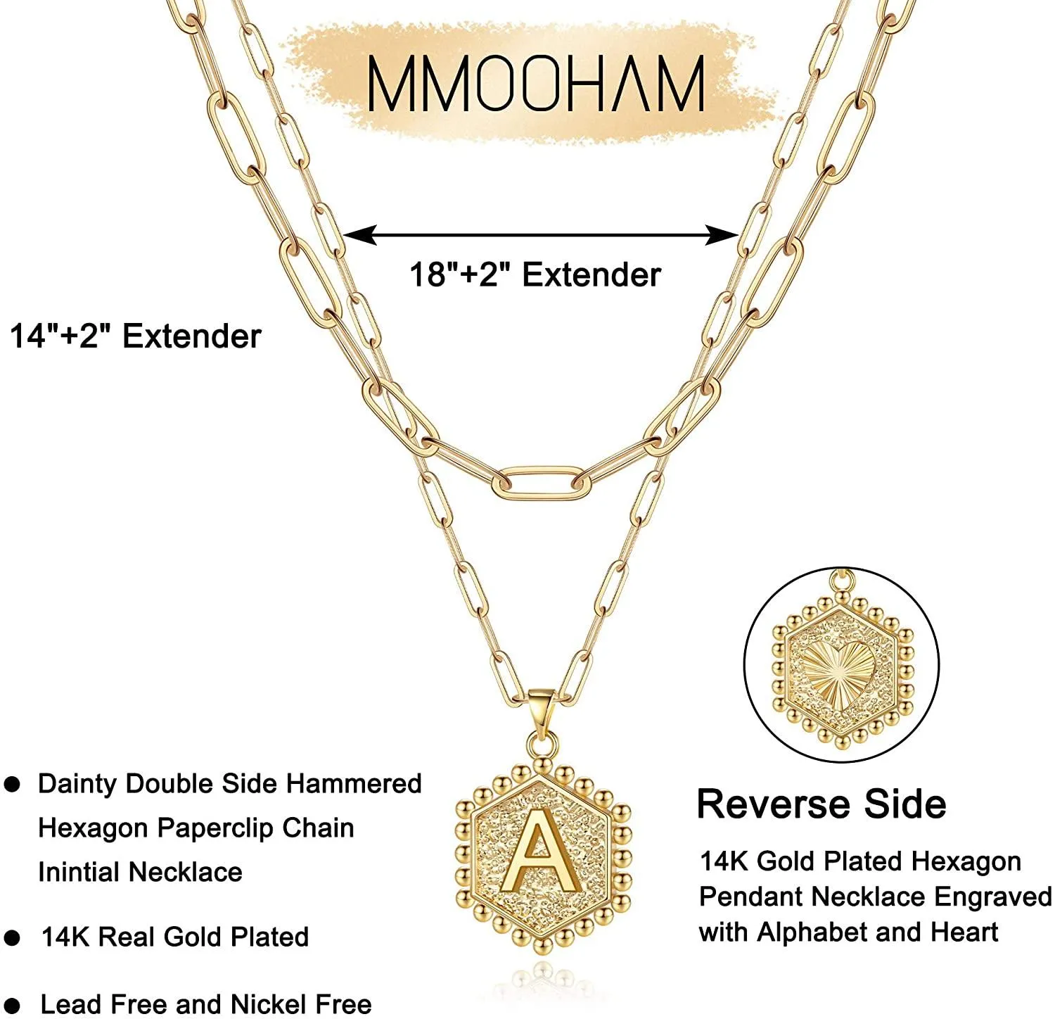 14K Gold Plated Paperclip Chain Necklace Simple Cute Hexagon Letter Pendant Initial Choker Necklace