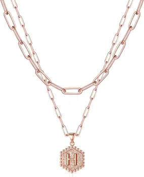 14K Gold Plated Paperclip Chain Necklace Simple Cute Hexagon Letter Pendant Initial Choker Necklace