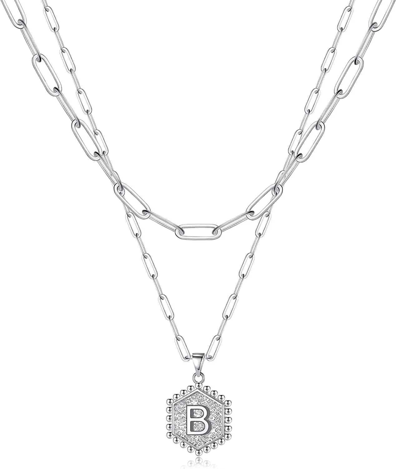 14K Gold Plated Paperclip Chain Necklace Simple Cute Hexagon Letter Pendant Initial Choker Necklace