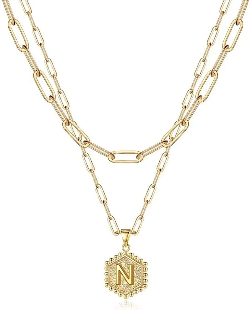 14K Gold Plated Paperclip Chain Necklace Simple Cute Hexagon Letter Pendant Initial Choker Necklace