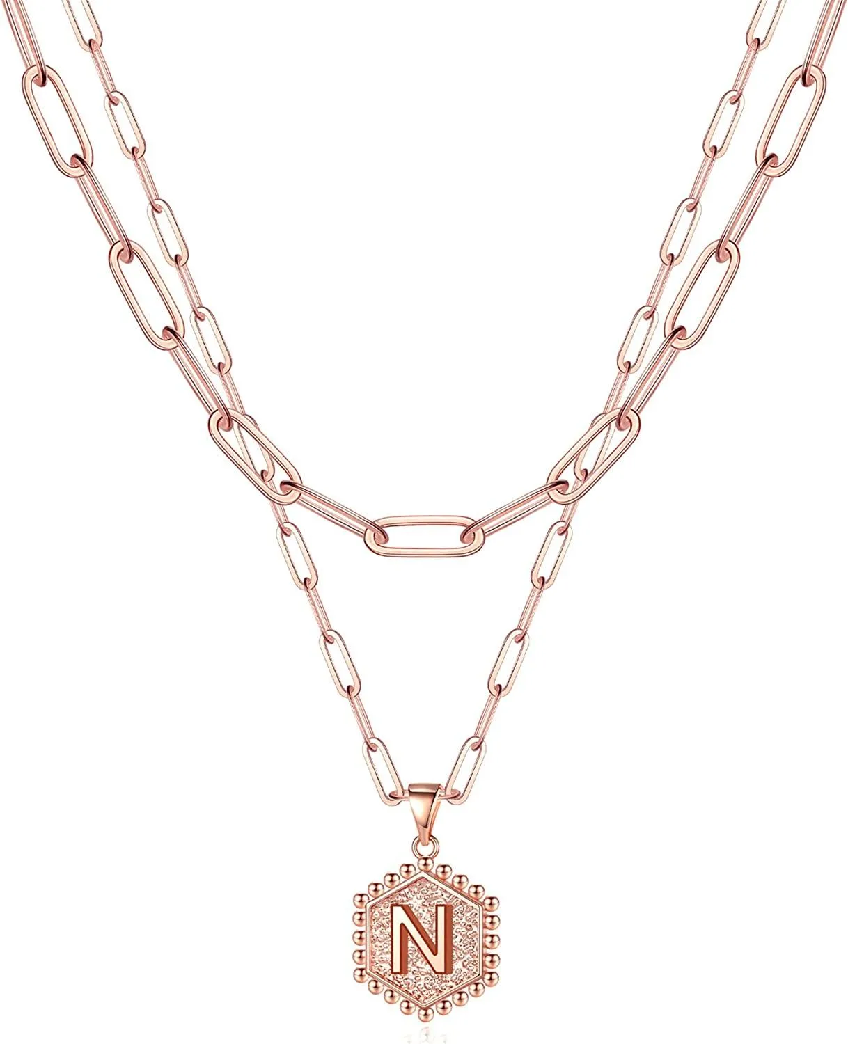 14K Gold Plated Paperclip Chain Necklace Simple Cute Hexagon Letter Pendant Initial Choker Necklace