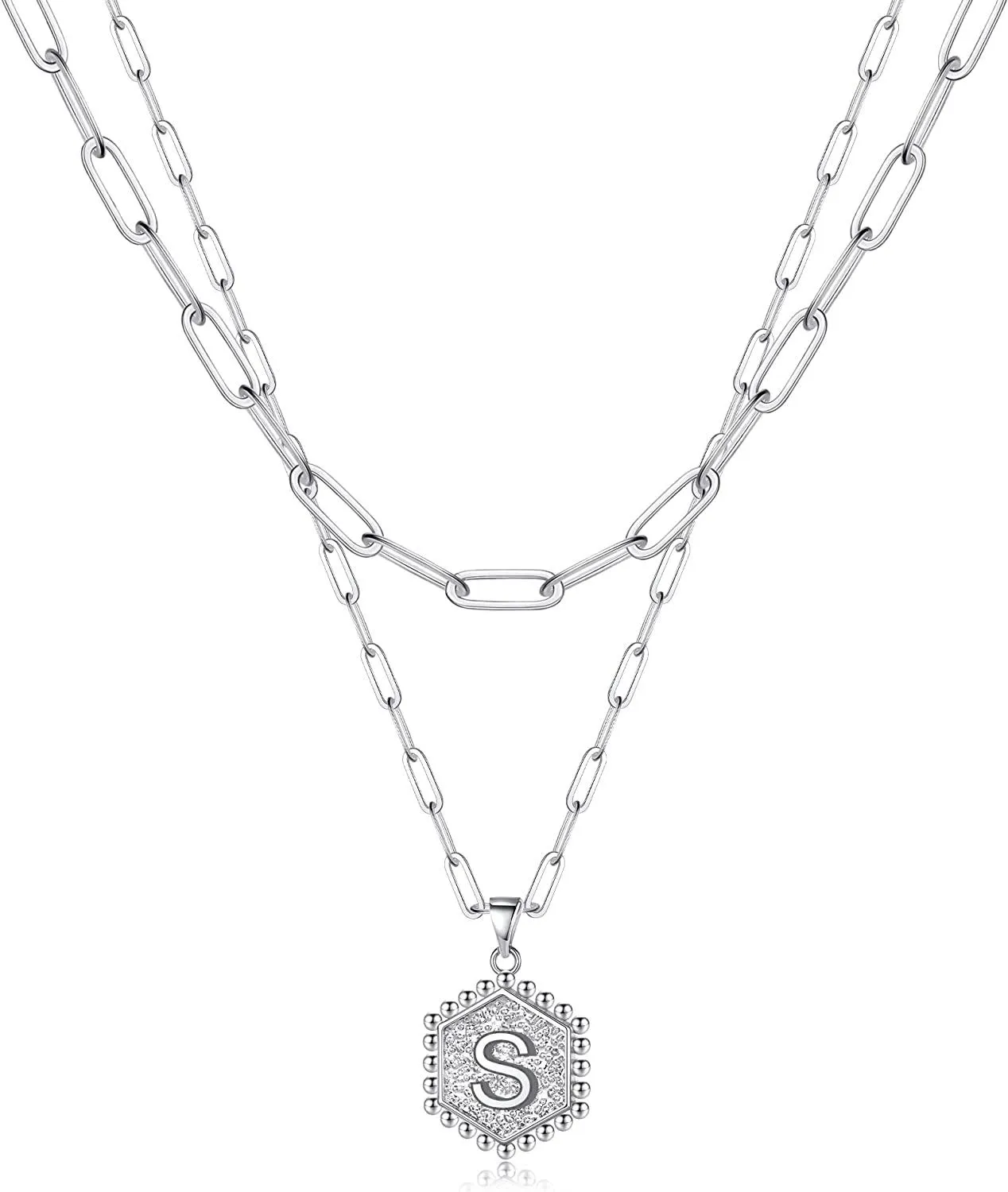 14K Gold Plated Paperclip Chain Necklace Simple Cute Hexagon Letter Pendant Initial Choker Necklace