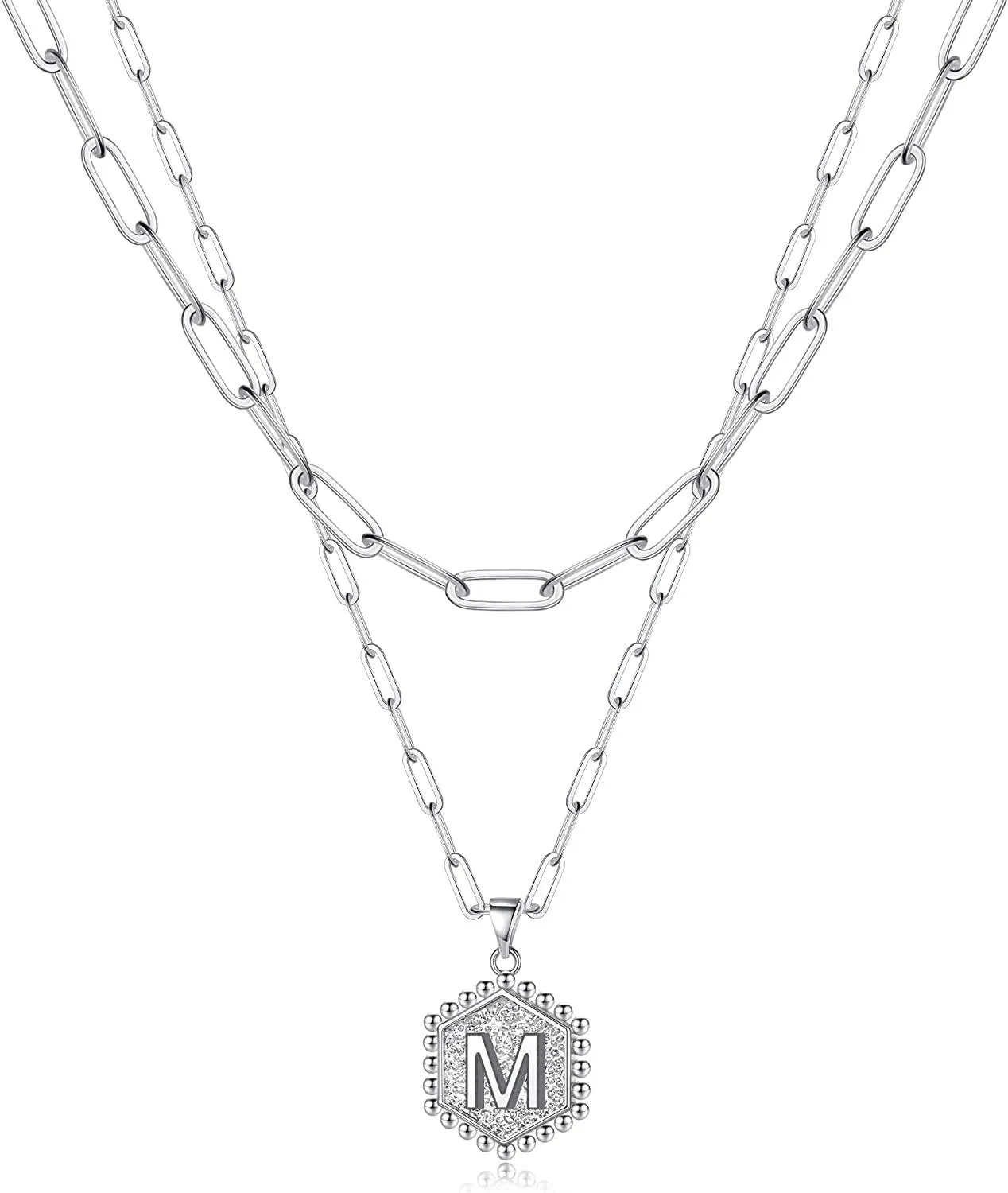 14K Gold Plated Paperclip Chain Necklace Simple Cute Hexagon Letter Pendant Initial Choker Necklace