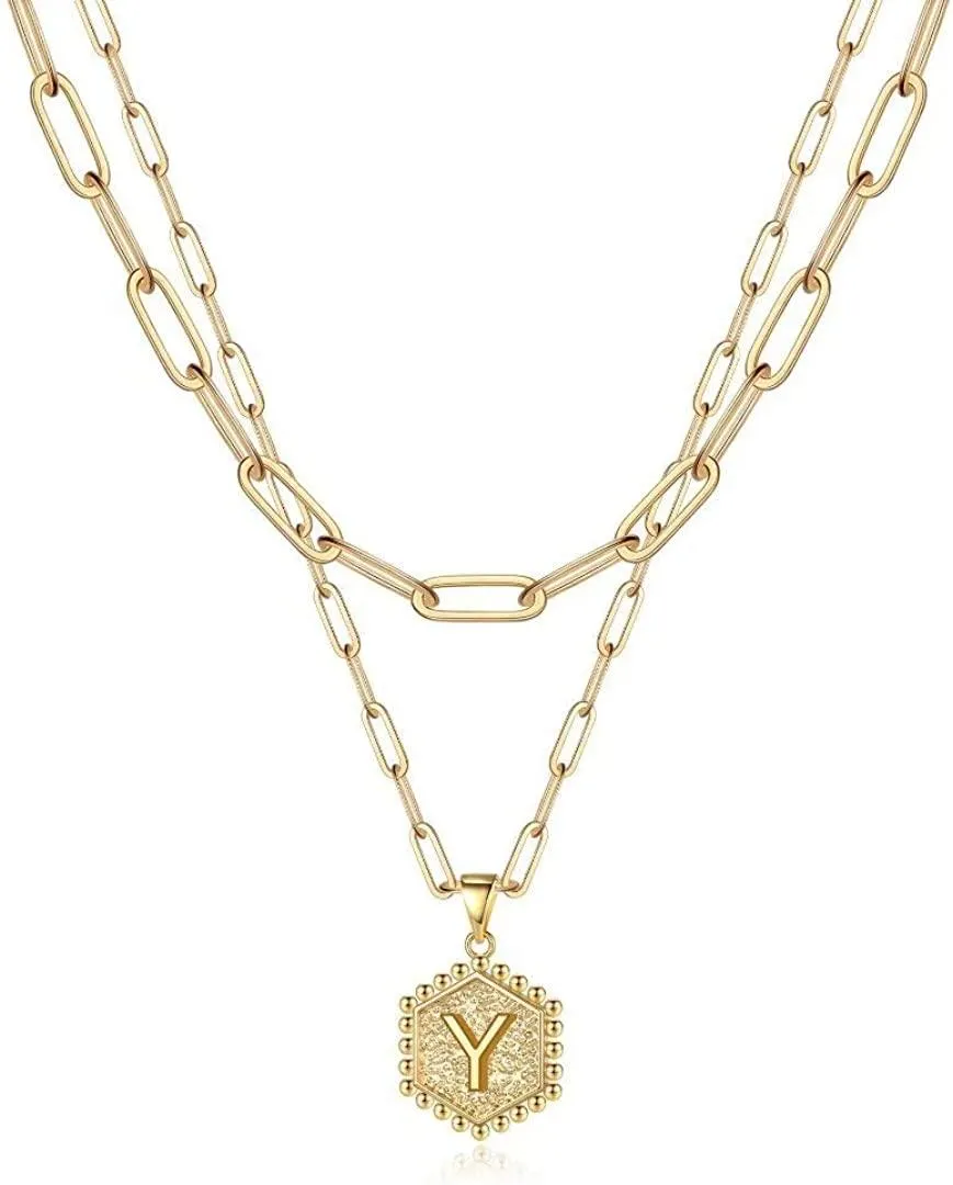 14K Gold Plated Paperclip Chain Necklace Simple Cute Hexagon Letter Pendant Initial Choker Necklace