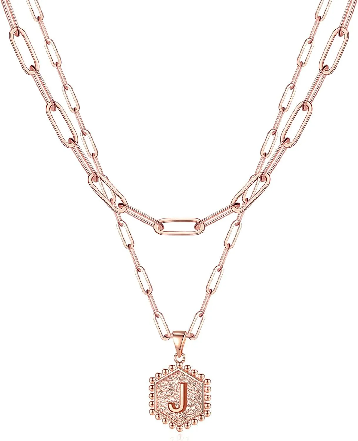 14K Gold Plated Paperclip Chain Necklace Simple Cute Hexagon Letter Pendant Initial Choker Necklace