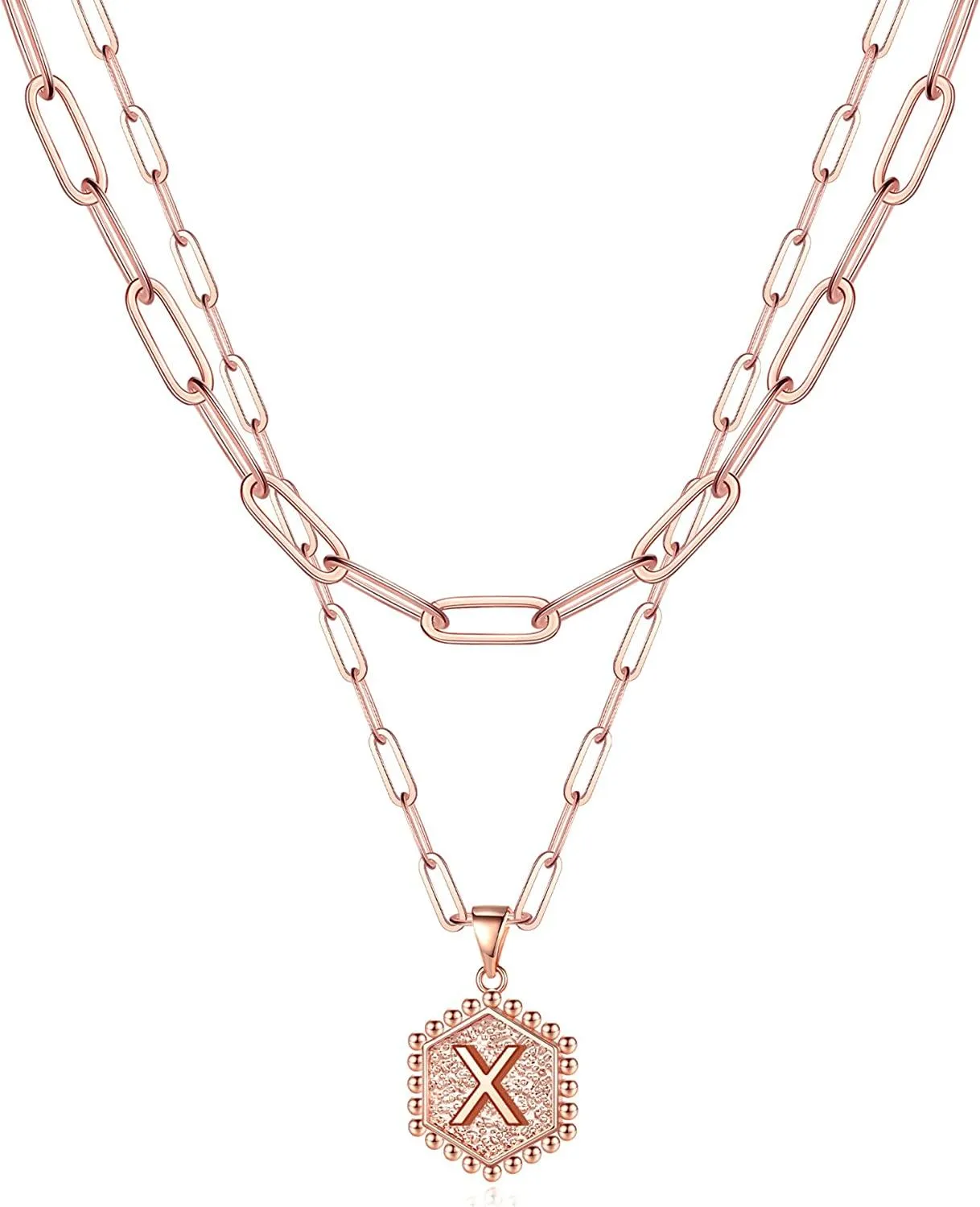 14K Gold Plated Paperclip Chain Necklace Simple Cute Hexagon Letter Pendant Initial Choker Necklace