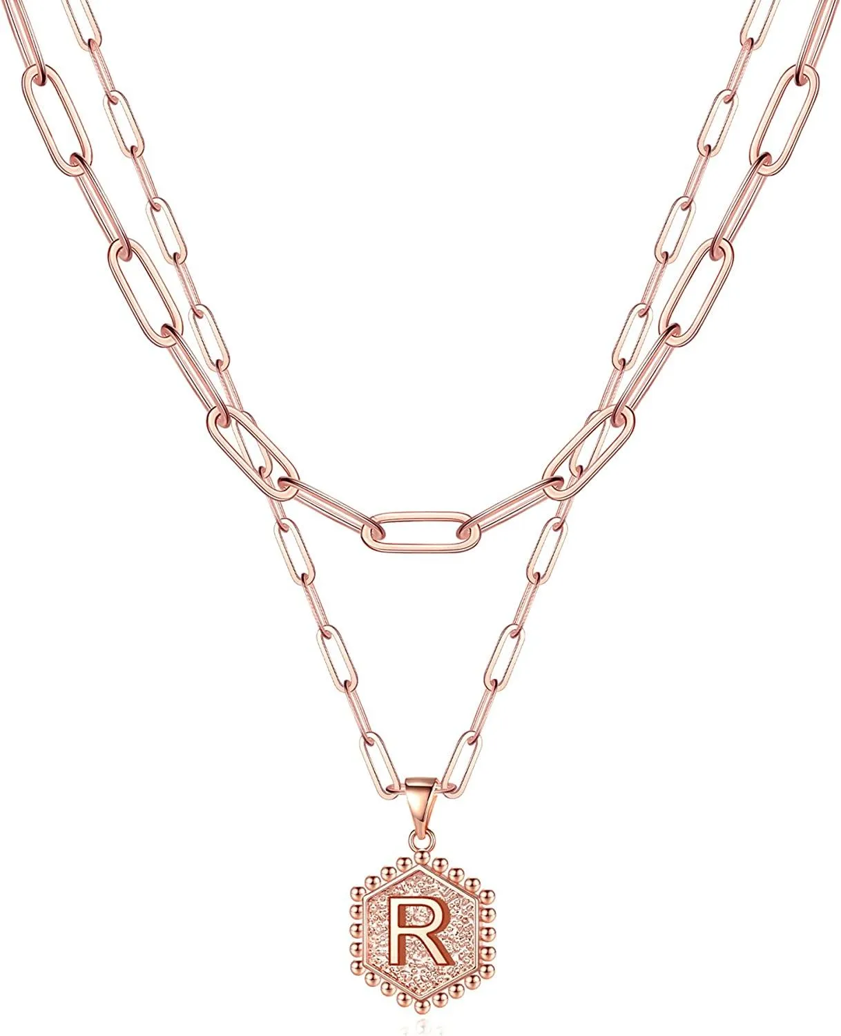 14K Gold Plated Paperclip Chain Necklace Simple Cute Hexagon Letter Pendant Initial Choker Necklace