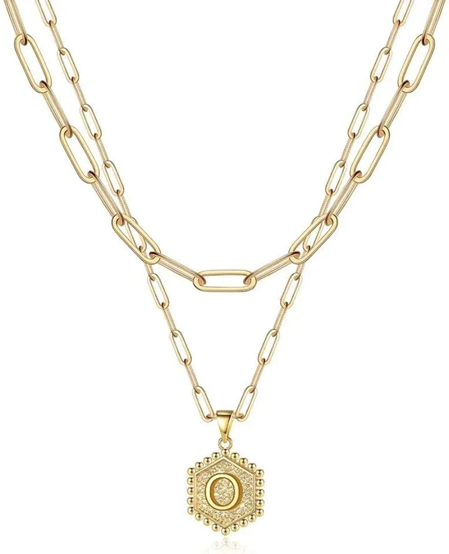 14K Gold Plated Paperclip Chain Necklace Simple Cute Hexagon Letter Pendant Initial Choker Necklace