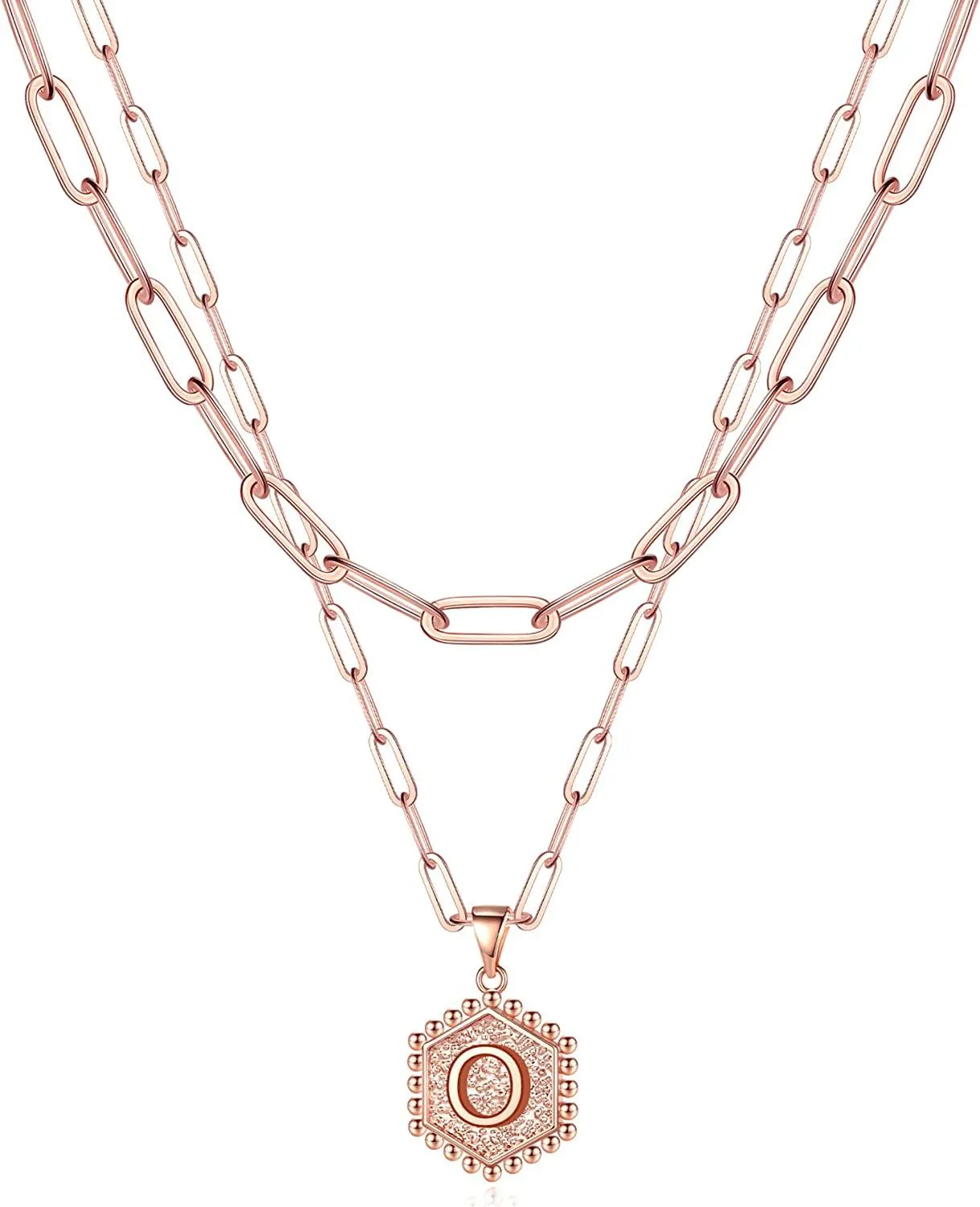 14K Gold Plated Paperclip Chain Necklace Simple Cute Hexagon Letter Pendant Initial Choker Necklace