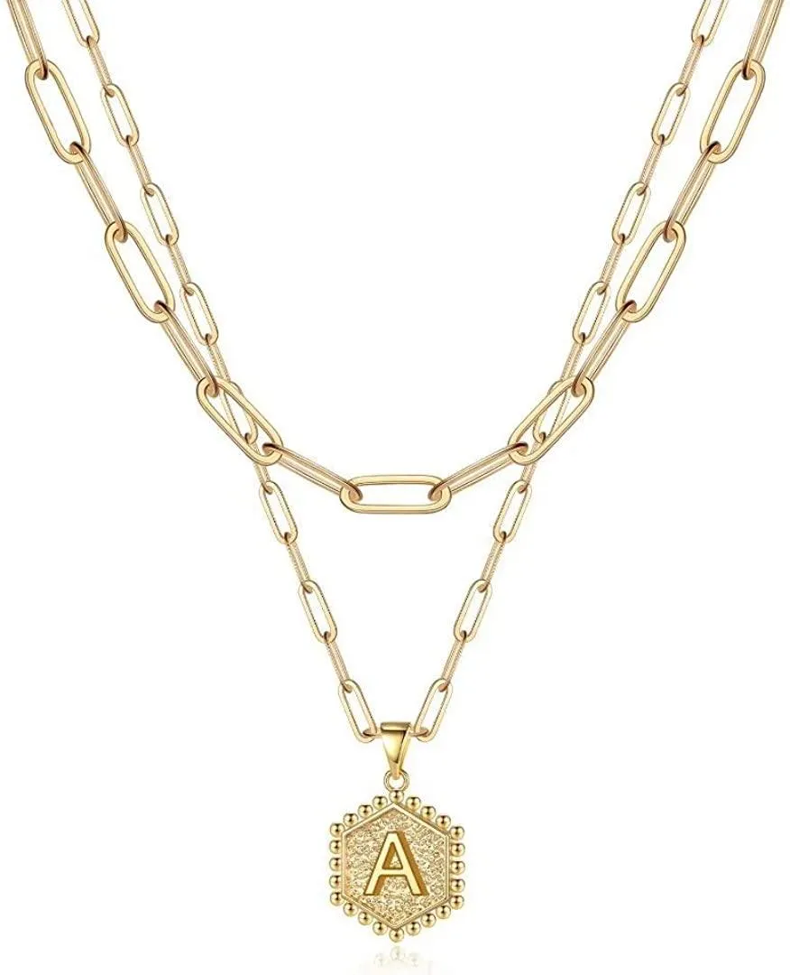 14K Gold Plated Paperclip Chain Necklace Simple Cute Hexagon Letter Pendant Initial Choker Necklace
