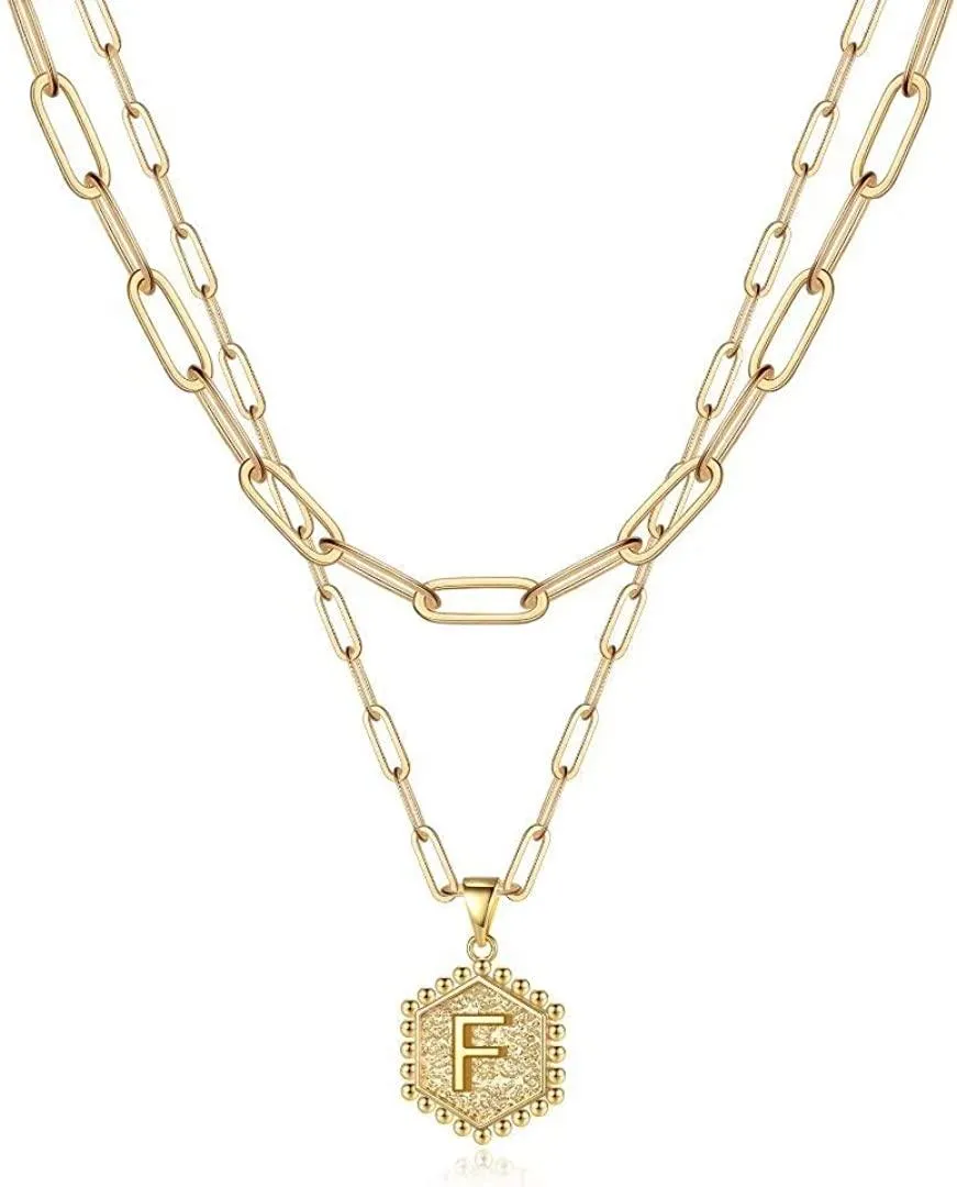 14K Gold Plated Paperclip Chain Necklace Simple Cute Hexagon Letter Pendant Initial Choker Necklace