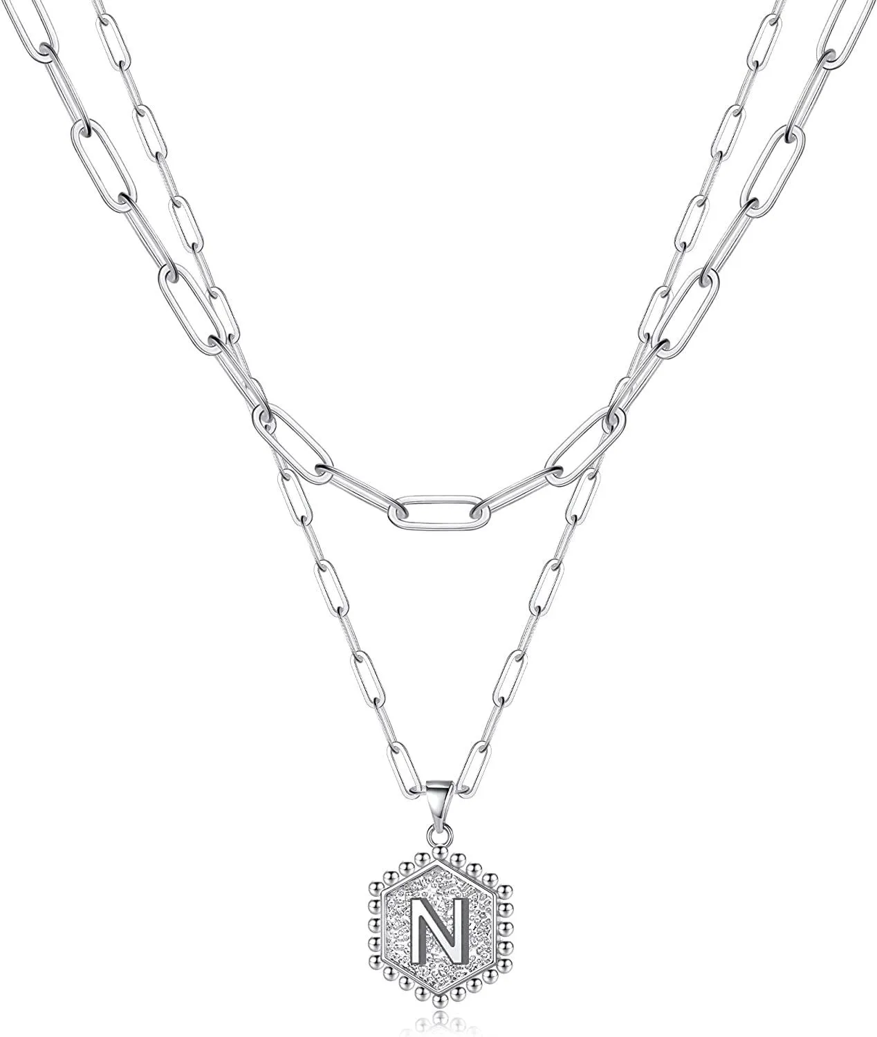 14K Gold Plated Paperclip Chain Necklace Simple Cute Hexagon Letter Pendant Initial Choker Necklace