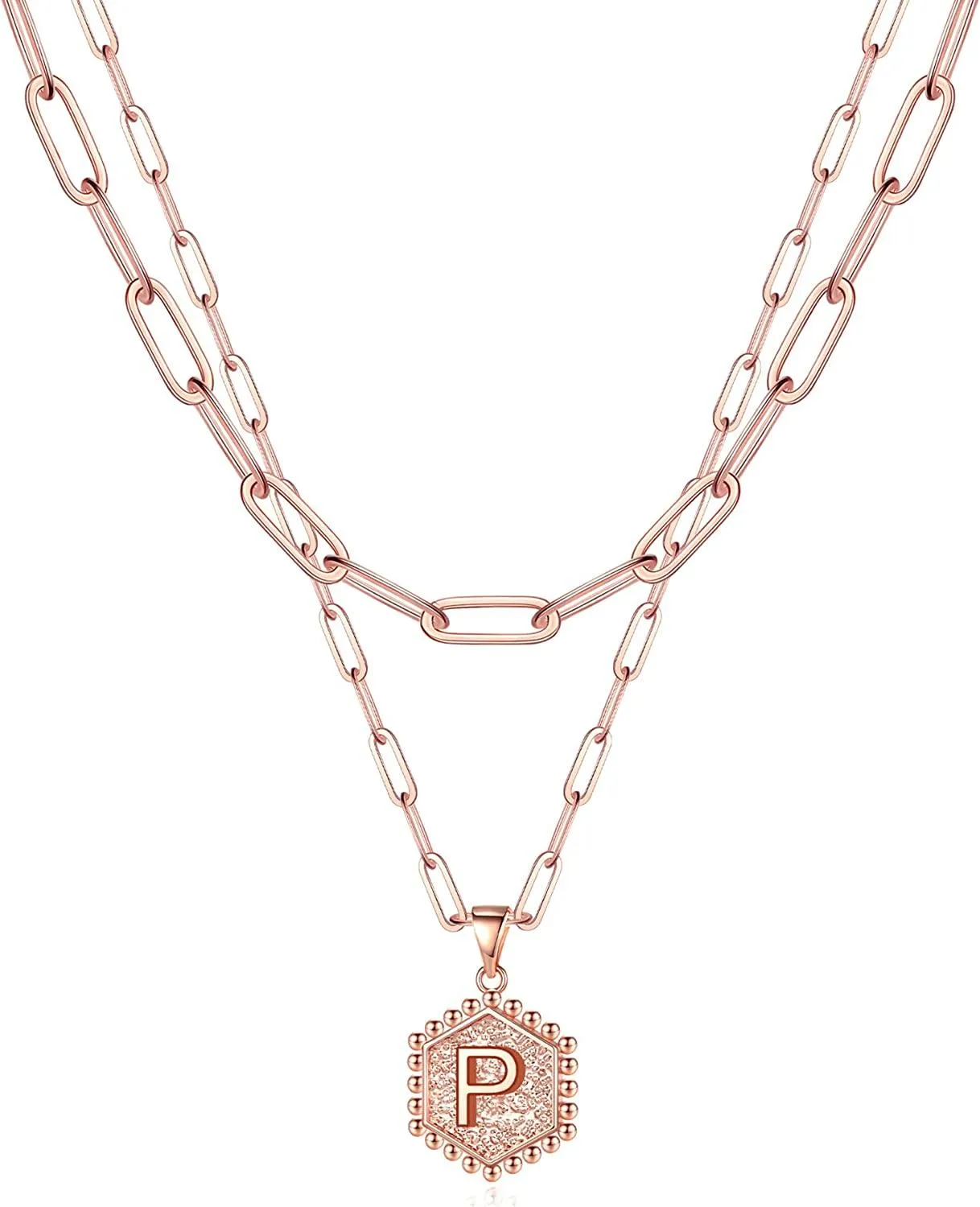 14K Gold Plated Paperclip Chain Necklace Simple Cute Hexagon Letter Pendant Initial Choker Necklace