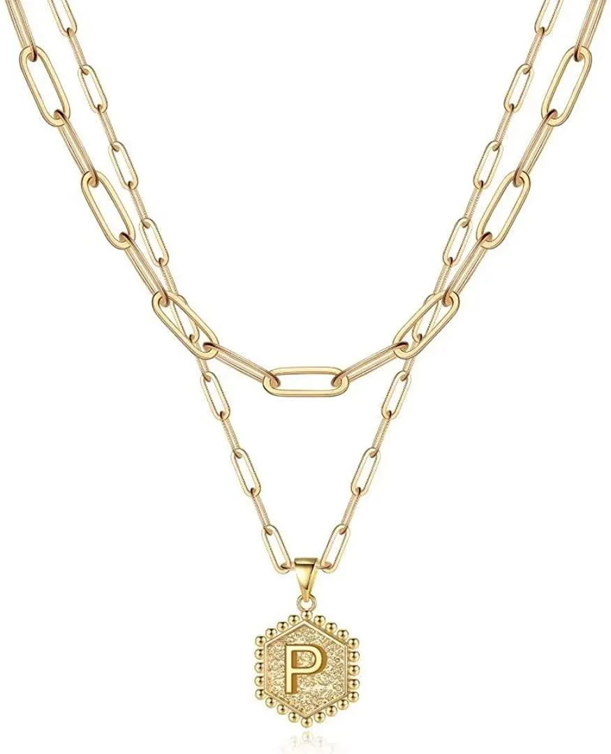 14K Gold Plated Paperclip Chain Necklace Simple Cute Hexagon Letter Pendant Initial Choker Necklace