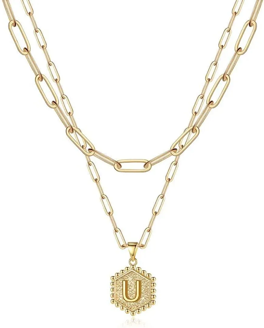 14K Gold Plated Paperclip Chain Necklace Simple Cute Hexagon Letter Pendant Initial Choker Necklace