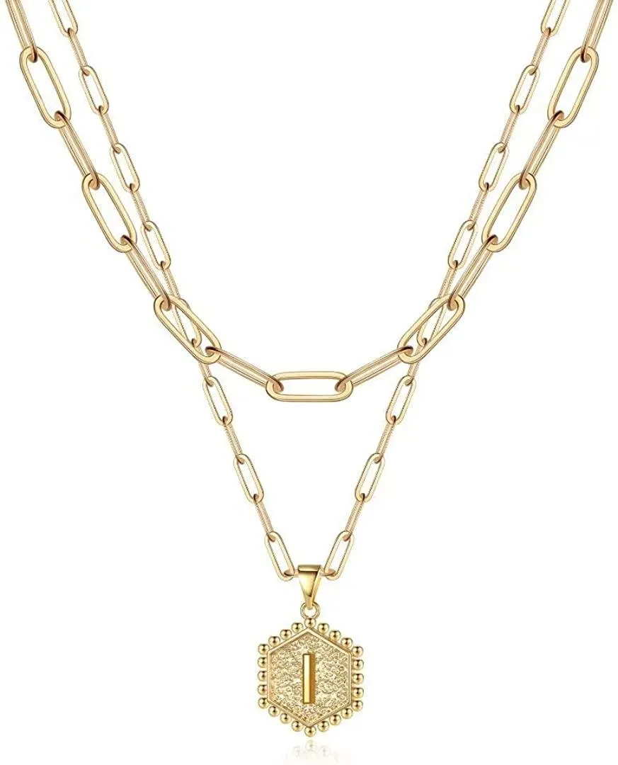 14K Gold Plated Paperclip Chain Necklace Simple Cute Hexagon Letter Pendant Initial Choker Necklace