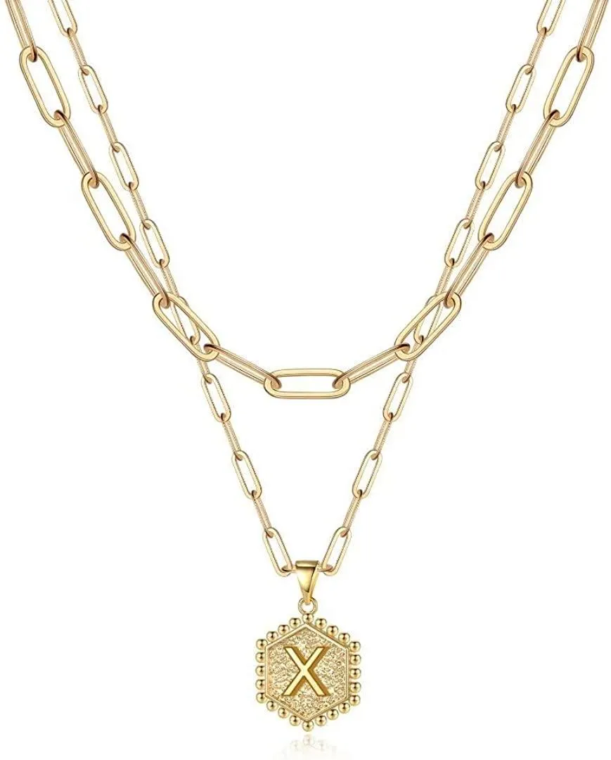 14K Gold Plated Paperclip Chain Necklace Simple Cute Hexagon Letter Pendant Initial Choker Necklace
