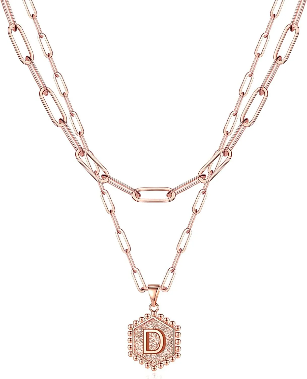 14K Gold Plated Paperclip Chain Necklace Simple Cute Hexagon Letter Pendant Initial Choker Necklace