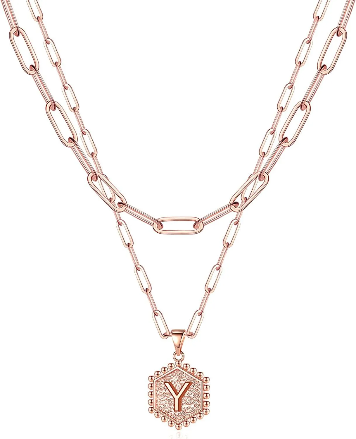 14K Gold Plated Paperclip Chain Necklace Simple Cute Hexagon Letter Pendant Initial Choker Necklace