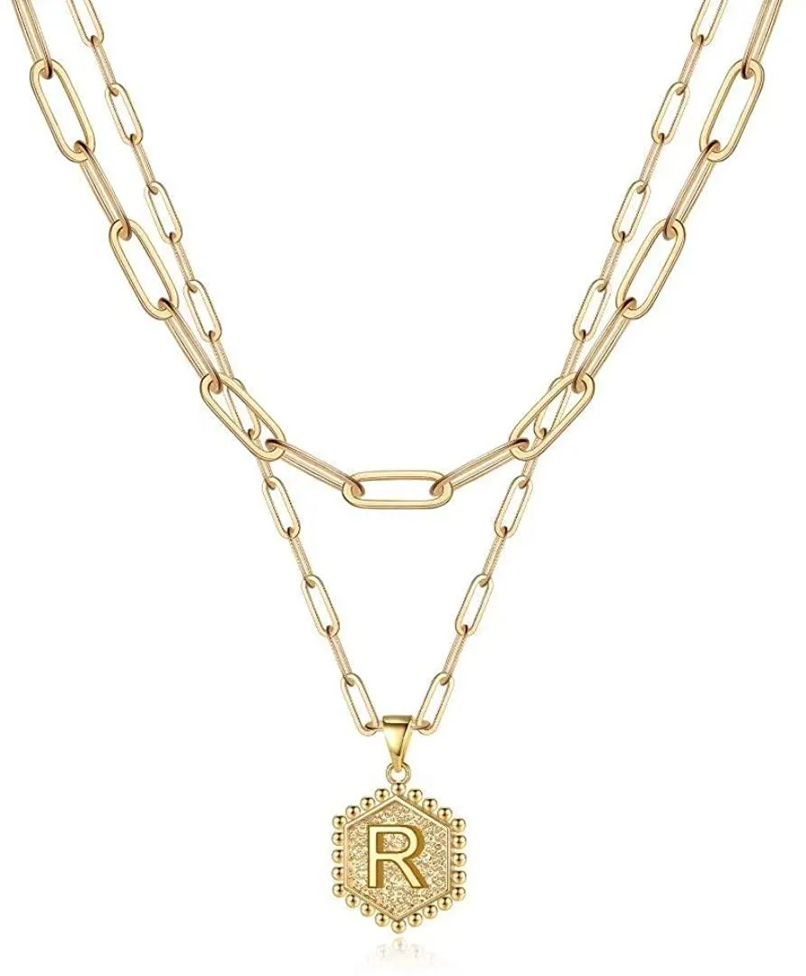 14K Gold Plated Paperclip Chain Necklace Simple Cute Hexagon Letter Pendant Initial Choker Necklace
