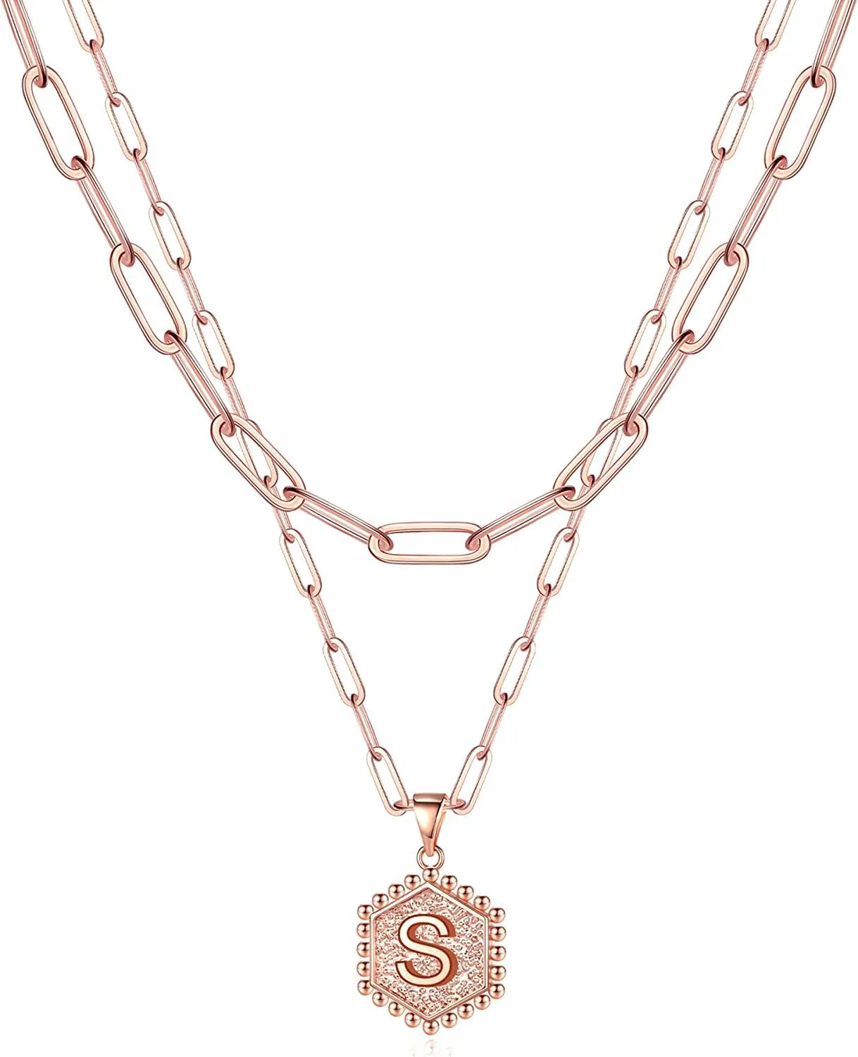 14K Gold Plated Paperclip Chain Necklace Simple Cute Hexagon Letter Pendant Initial Choker Necklace