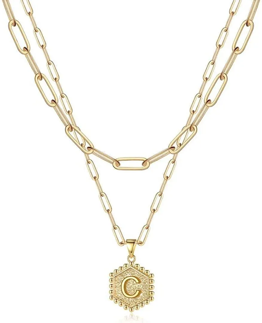 14K Gold Plated Paperclip Chain Necklace Simple Cute Hexagon Letter Pendant Initial Choker Necklace