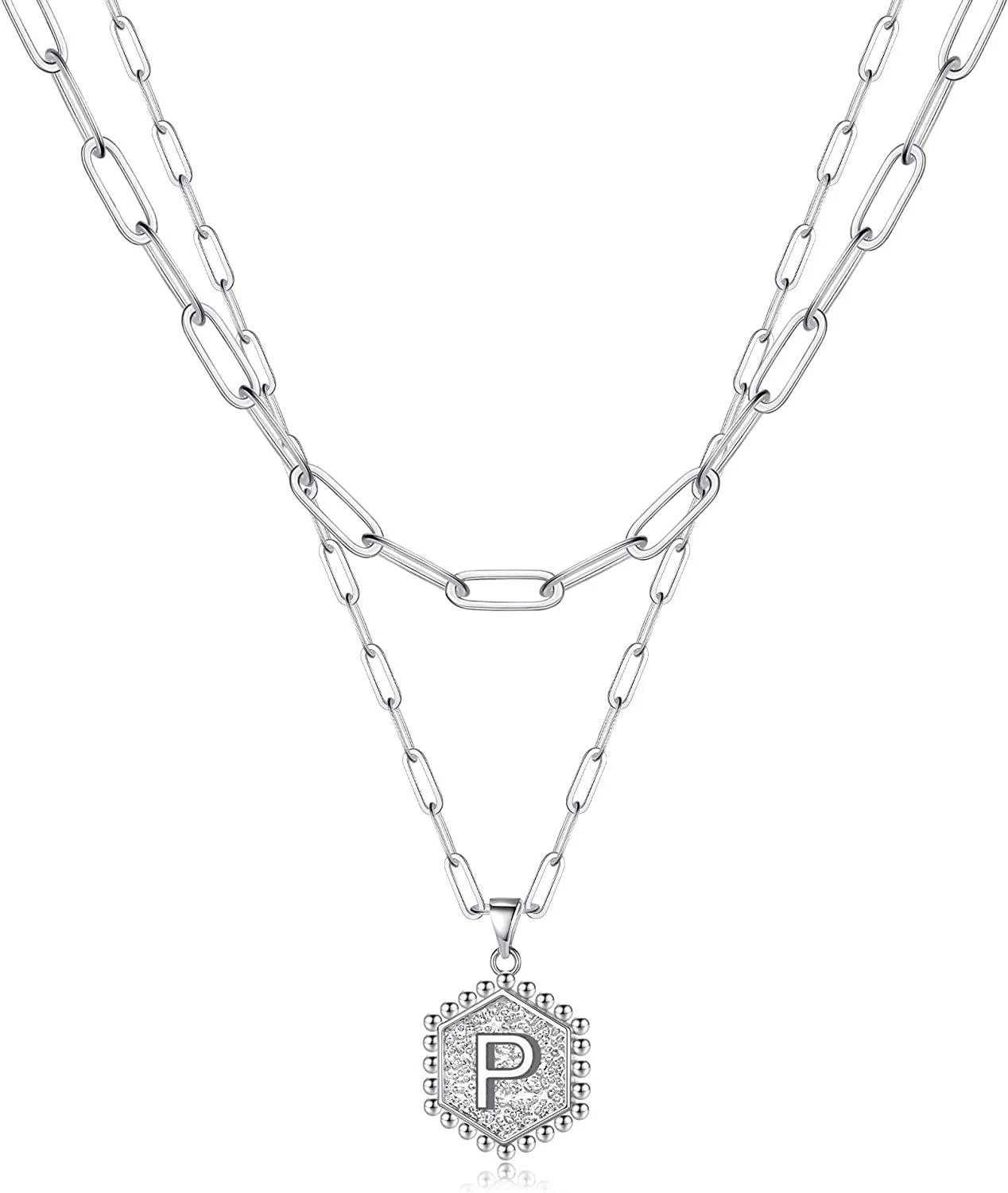 14K Gold Plated Paperclip Chain Necklace Simple Cute Hexagon Letter Pendant Initial Choker Necklace