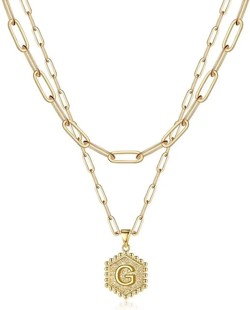 14K Gold Plated Paperclip Chain Necklace Simple Cute Hexagon Letter Pendant Initial Choker Necklace