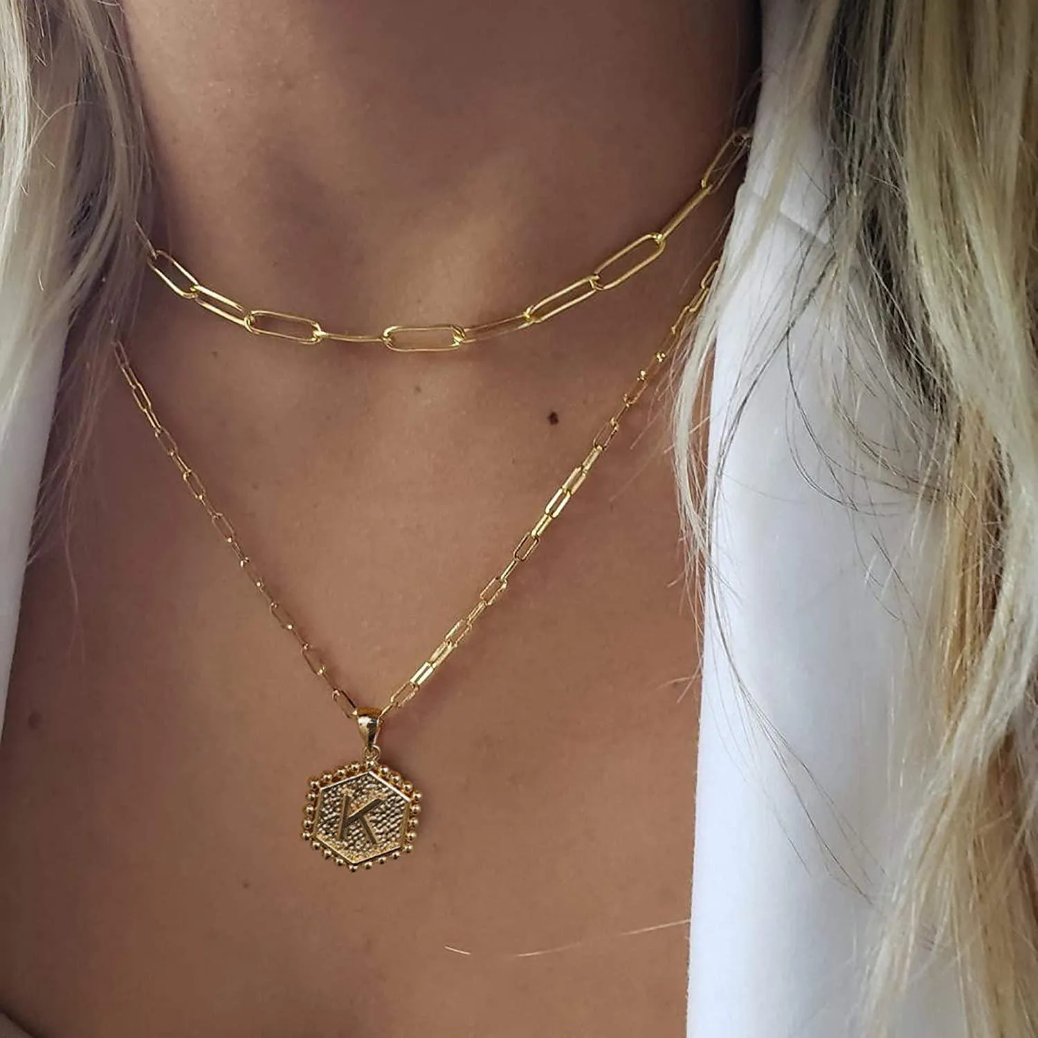 14K Gold Plated Paperclip Chain Necklace Simple Cute Hexagon Letter Pendant Initial Choker Necklace