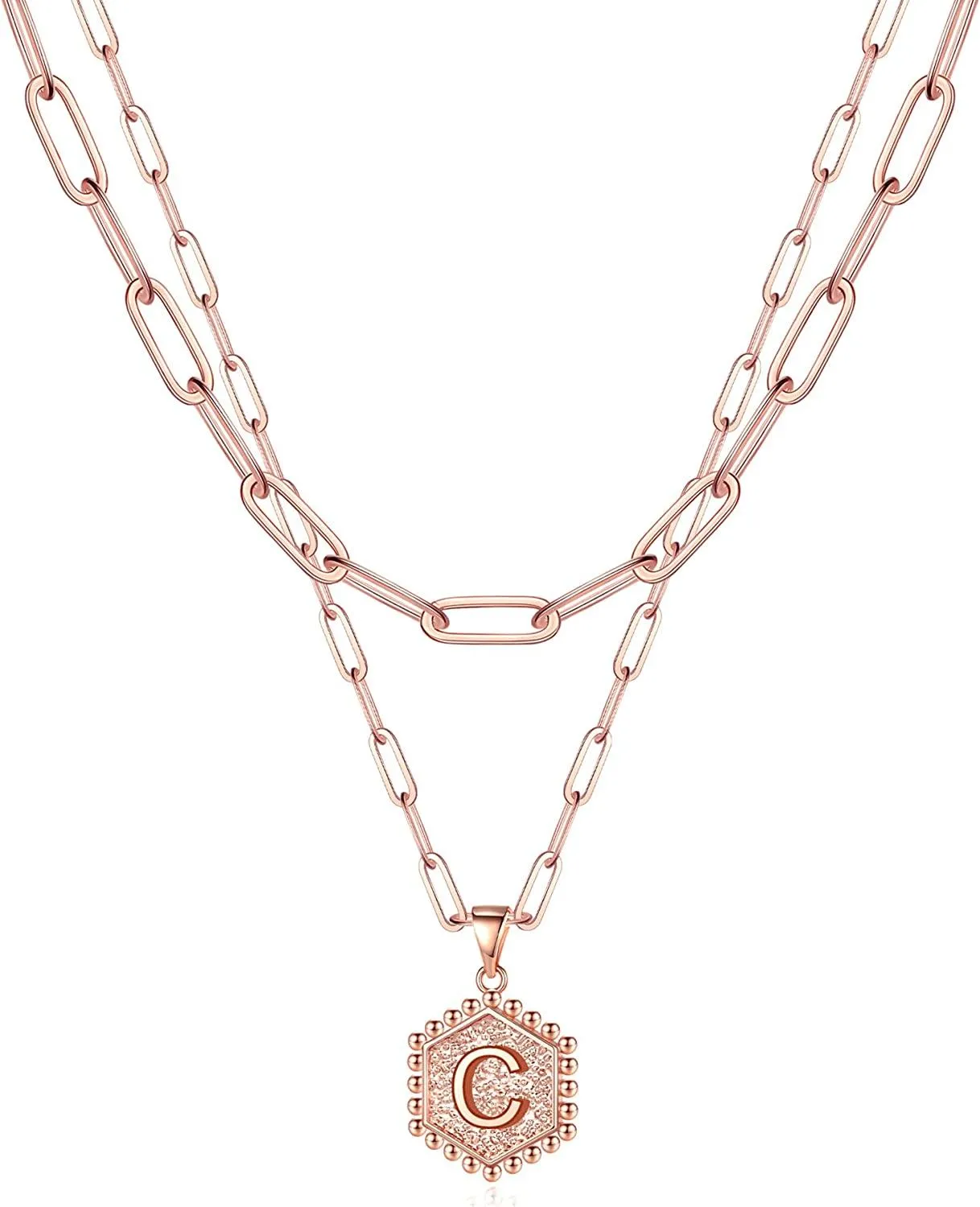 14K Gold Plated Paperclip Chain Necklace Simple Cute Hexagon Letter Pendant Initial Choker Necklace