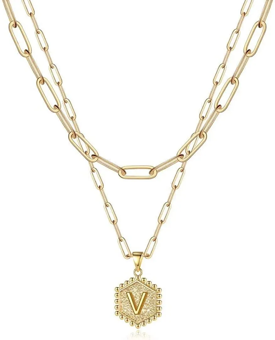 14K Gold Plated Paperclip Chain Necklace Simple Cute Hexagon Letter Pendant Initial Choker Necklace