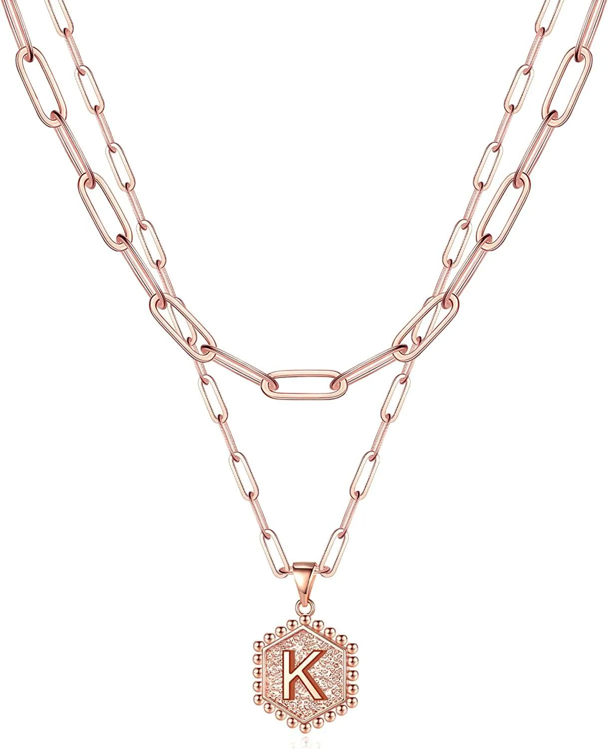 14K Gold Plated Paperclip Chain Necklace Simple Cute Hexagon Letter Pendant Initial Choker Necklace