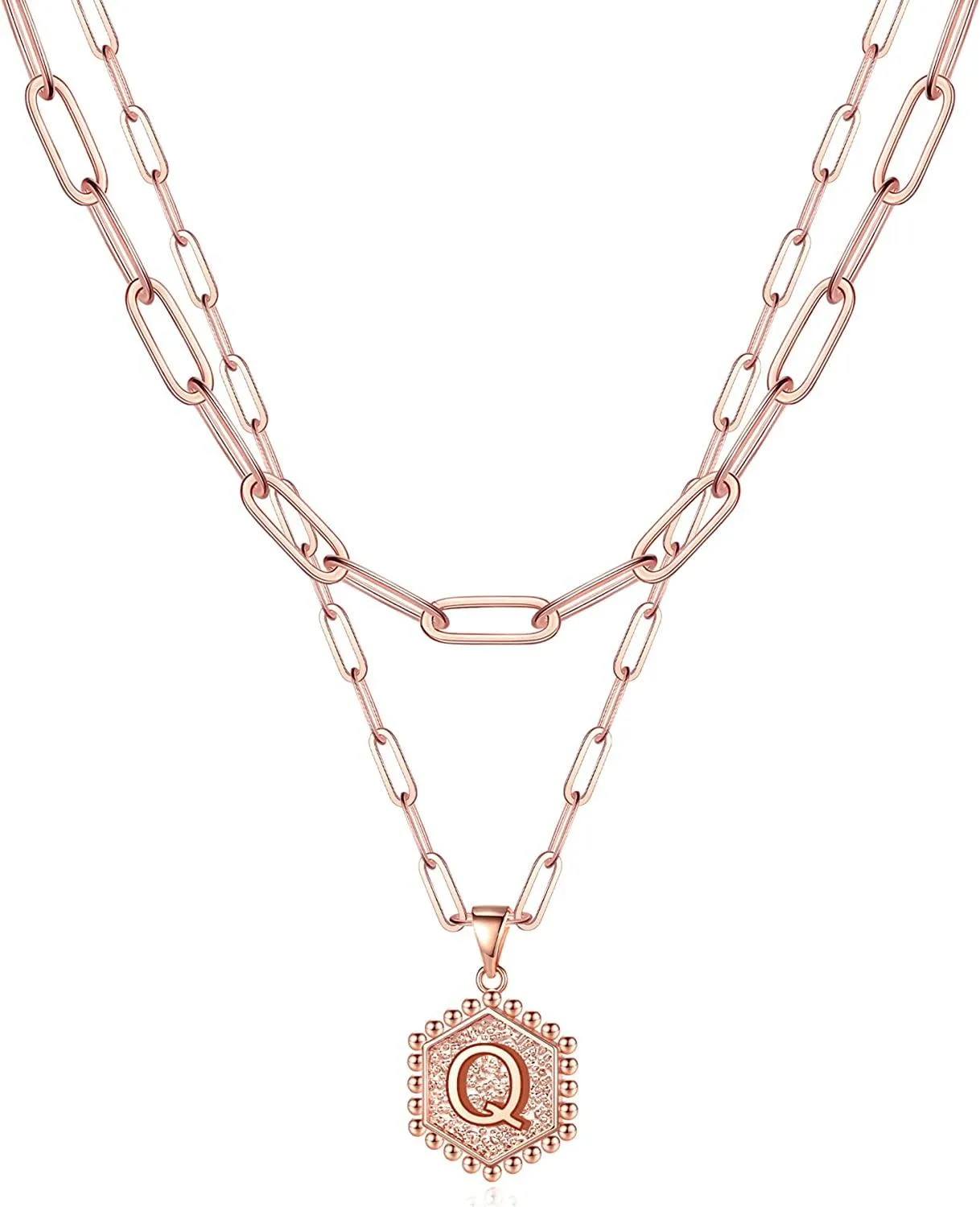 14K Gold Plated Paperclip Chain Necklace Simple Cute Hexagon Letter Pendant Initial Choker Necklace