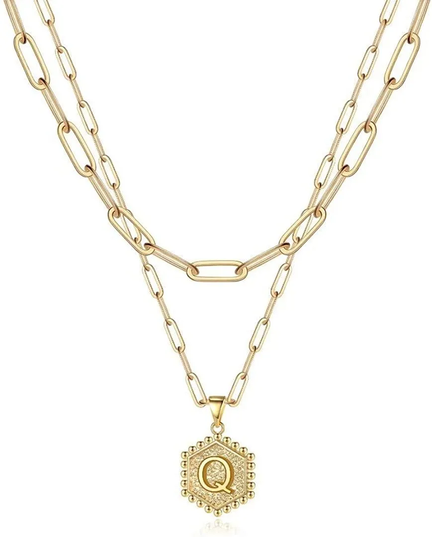 14K Gold Plated Paperclip Chain Necklace Simple Cute Hexagon Letter Pendant Initial Choker Necklace