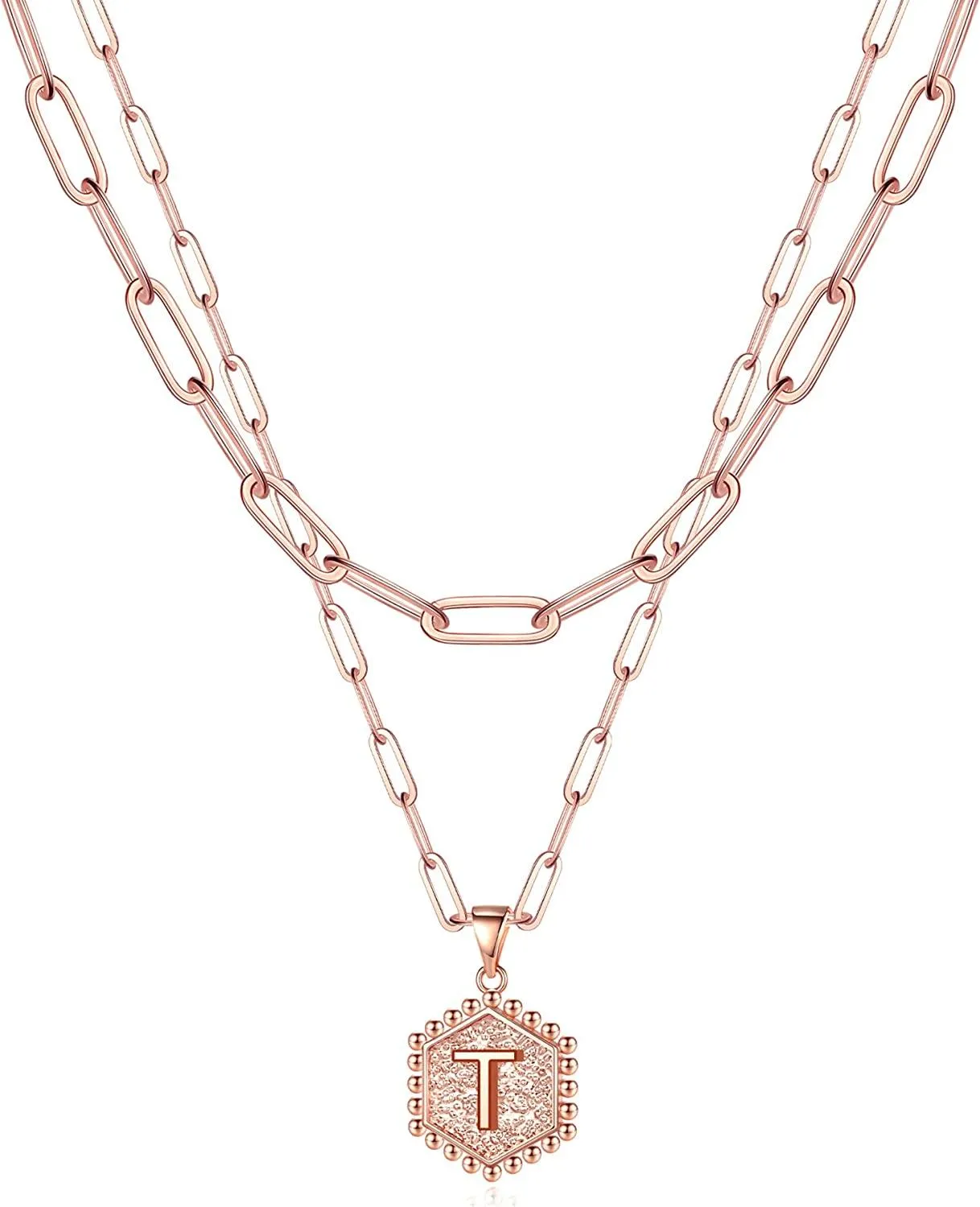 14K Gold Plated Paperclip Chain Necklace Simple Cute Hexagon Letter Pendant Initial Choker Necklace