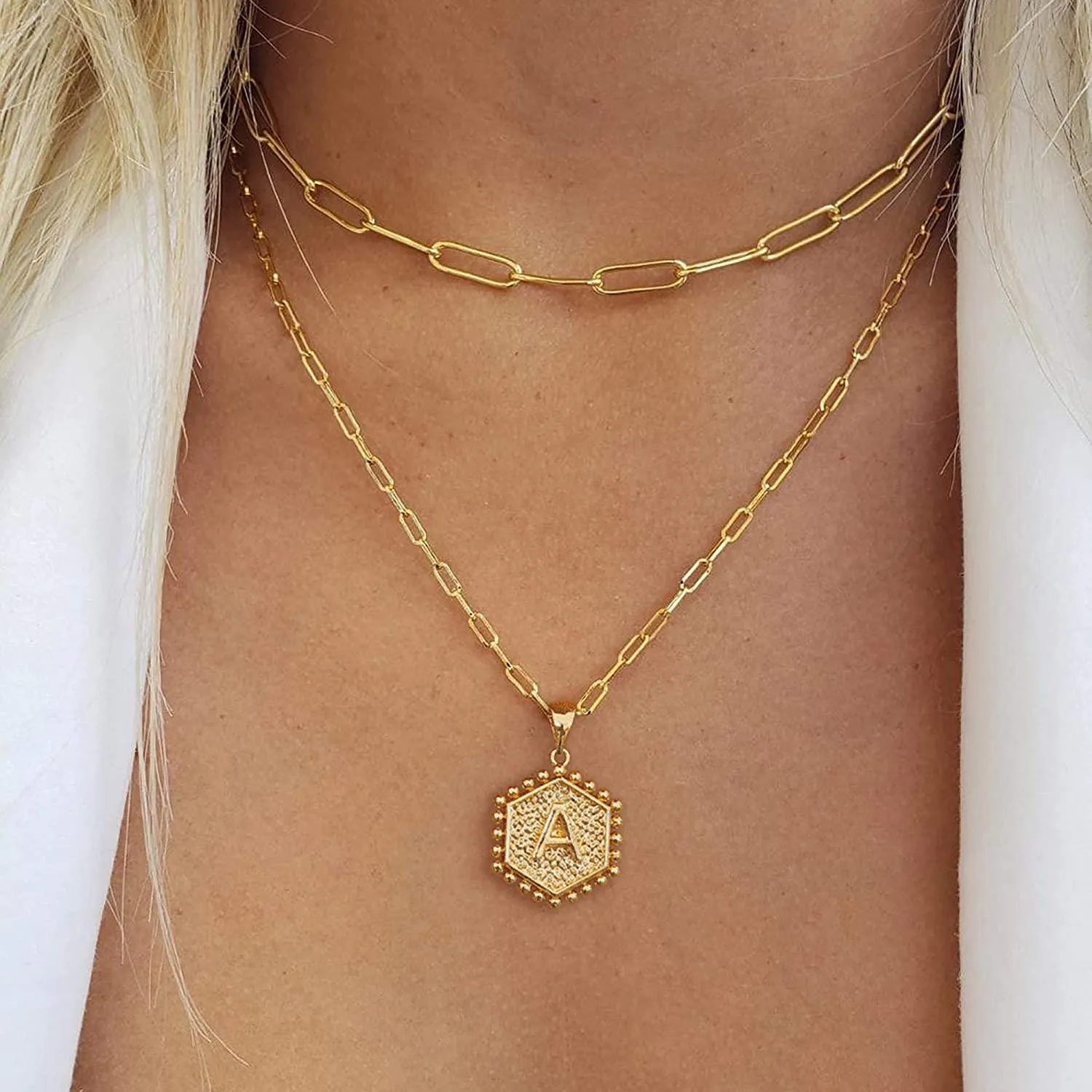 14K Gold Plated Paperclip Chain Necklace Simple Cute Hexagon Letter Pendant Initial Choker Necklace