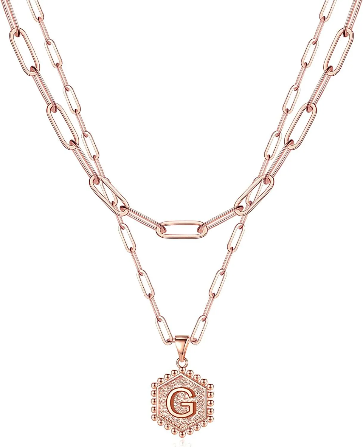 14K Gold Plated Paperclip Chain Necklace Simple Cute Hexagon Letter Pendant Initial Choker Necklace