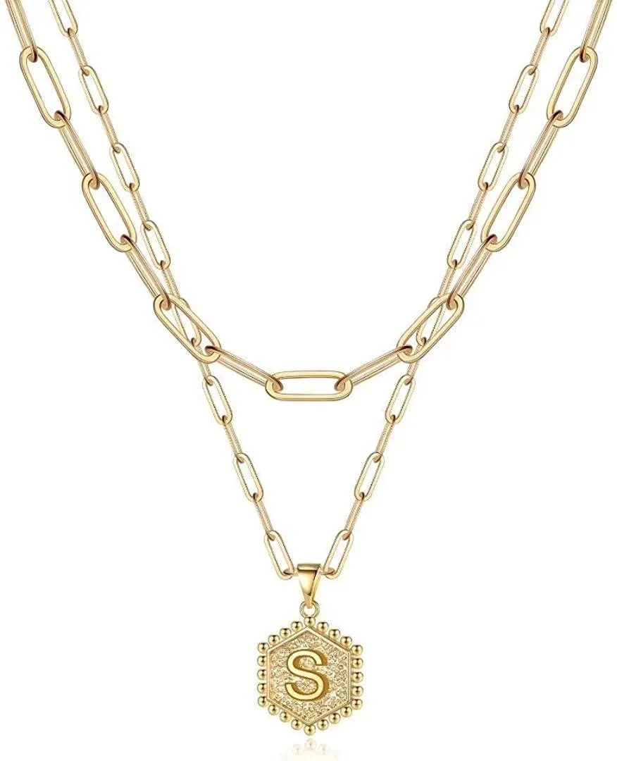 14K Gold Plated Paperclip Chain Necklace Simple Cute Hexagon Letter Pendant Initial Choker Necklace