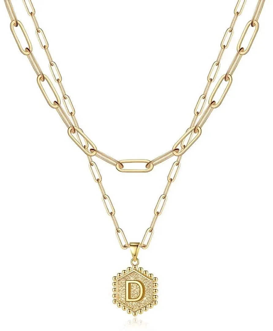 14K Gold Plated Paperclip Chain Necklace Simple Cute Hexagon Letter Pendant Initial Choker Necklace