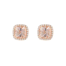 14KT Rose Gold Cushion Cut Morganite and Diamond Halo Earrings