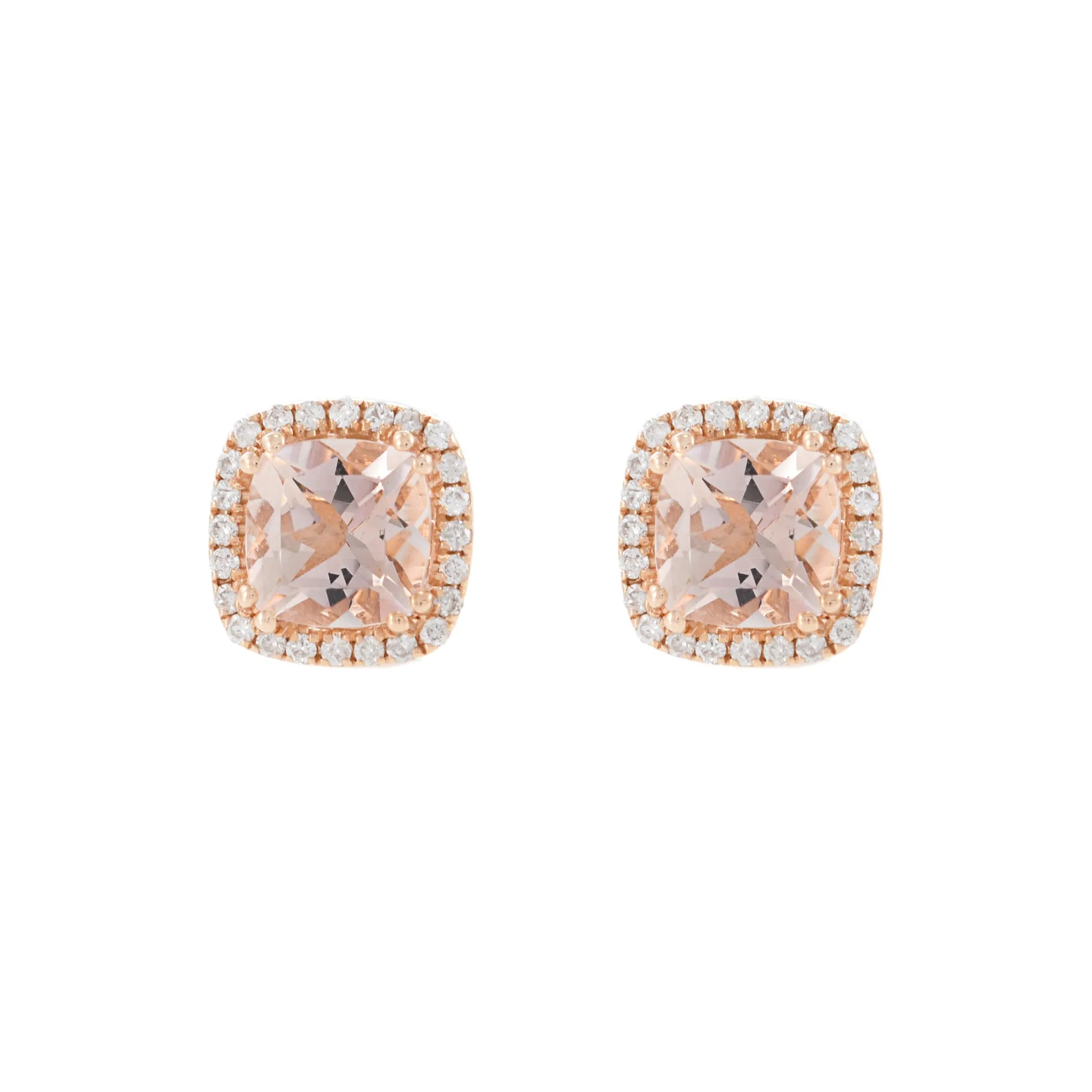 14KT Rose Gold Cushion Cut Morganite and Diamond Halo Earrings